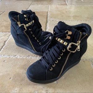 Black Leather Heeled Ankle Sneaker Boots